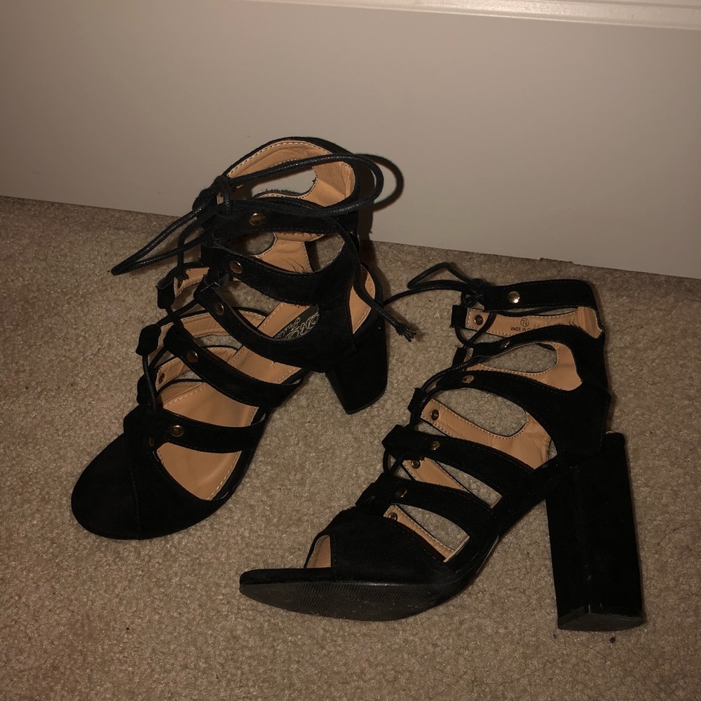 Black Faux Suede Lace Up Heels